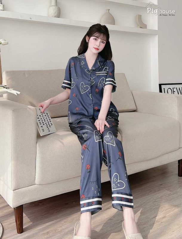 Bộ pijama dài màu xanh chữ newpost