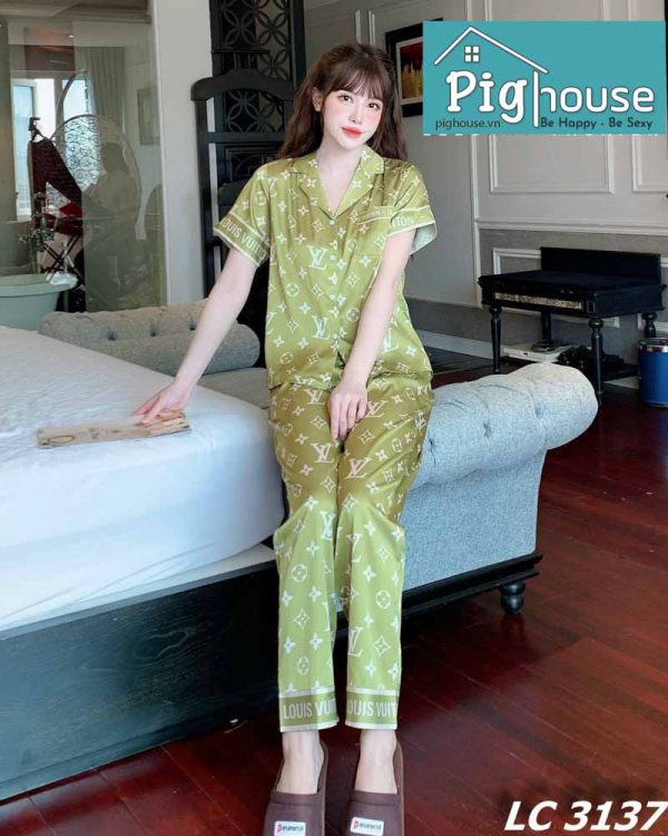 Bộ pijama dài LV cỏ bốn lá xanh rêu