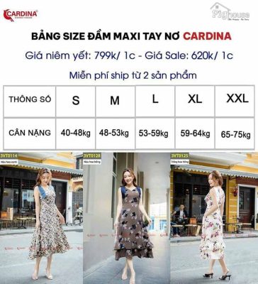 Bảng size: Đầm maxi Cardina tay nơ 3VT01
