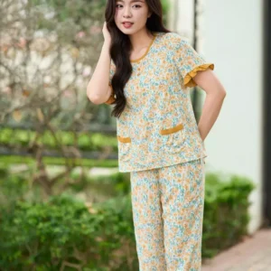 Bộ Lanh Lửng Tay Cộc Phối Bèo Họa Tiết