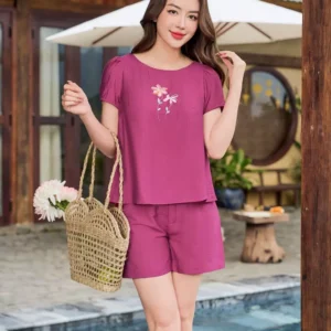Đồ bộ đũi Bamboo thêu hoa quần đùi
